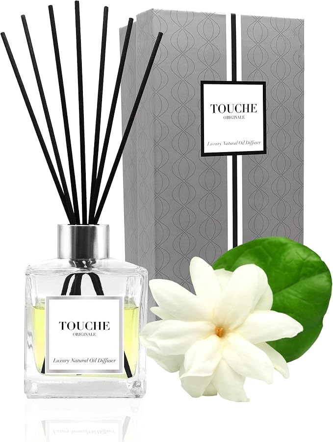 Touche Luxury Natural Reed Diffuser. Long Lasting Scented Home Fragrance. Natural Essential Oil Alcohol-Free. 4.75 OZ. Glass Bottle (Sandalwood & Jasmine - Clear Bottle)