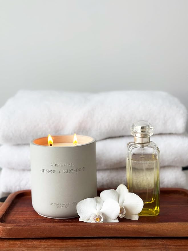 WHOLESOME. Orange Tangerine Scented Non-Toxic Candles for Home, 2 Wicks Natural Coconut Wax Candle Eco-Friendly, Luxury Aromatherapy Candles Stress Relief, 16 oz Large Concrete Jar, 90 Hours Burn