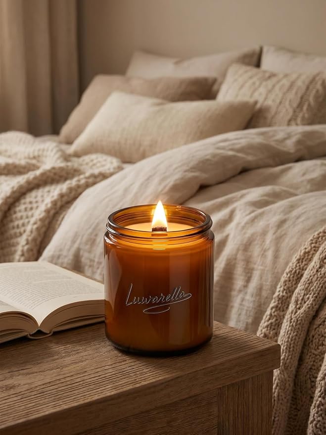 Sleep Candle Wooden Wick Soy Wax 48Hr | Natural Essential Oil Candle in Amber Glass for Nighttime Relaxation & Meditation