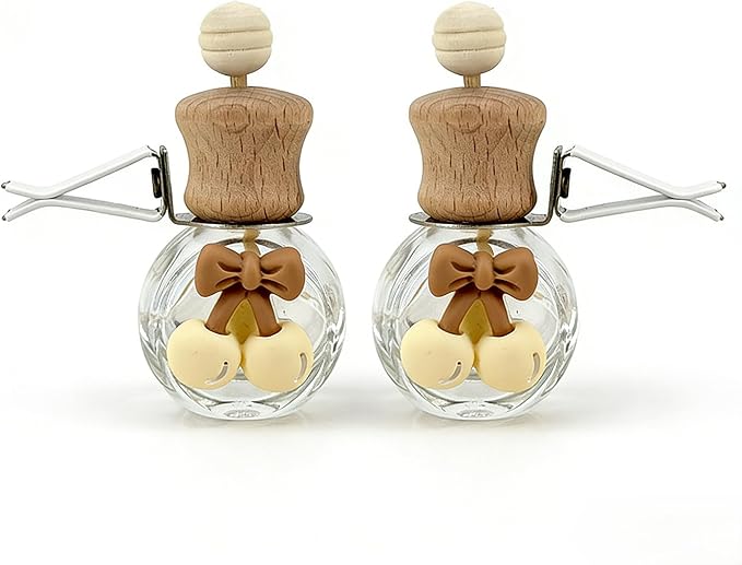 2 Pack Bow Refillable Car Vent Clip Diffuser Empty Glass Bottle | Wood cap aroma bottle with dropper, DIY essential oil freshener for car closet home bathroom