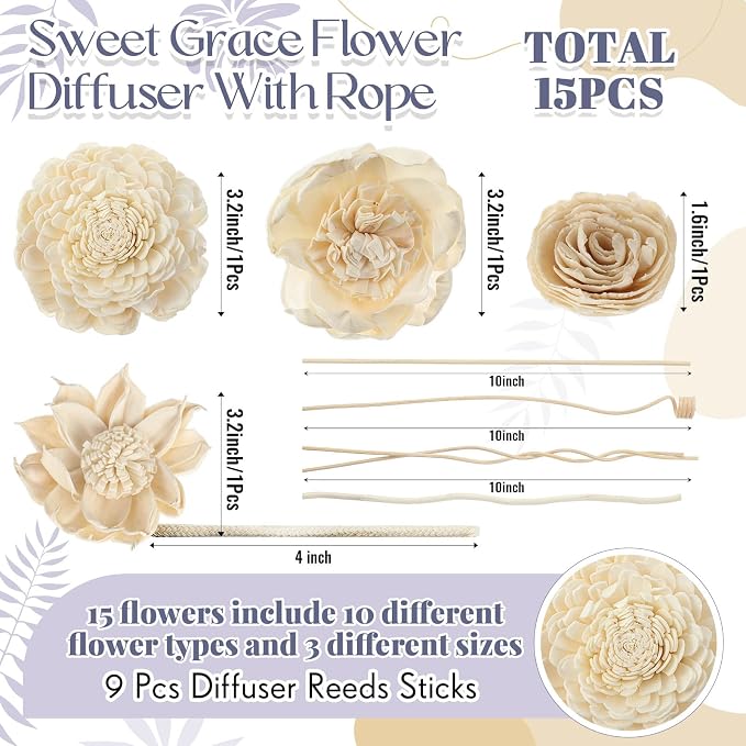 Waydress 15 Pcs Mixed Reed Diffuser Sticks Flowers, Wood Flower Diffuser Reeds Refill with Rope, Sola Reed Diffusers Set for Bathroom, Bedroom, Home Decor(1.57-3.15 Inches,Classis)