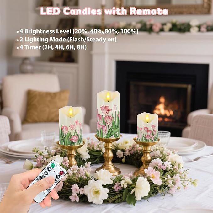 VEEKI Flameless Candles Light, Set of 3 Flickering Tulip Pillar Candles with Remote & Timer, Dimmable Real Wax Electric LED Candles Battery Operated, Mother's Day Birthday Gift for Mom Grandma Women