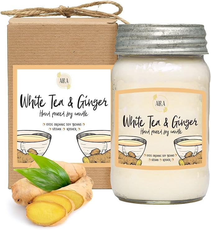 Aira Soy Candles - Organic, Kosher, Vegan, in Mason Jar w/Therapeutic Grade Essential Oil Blends - Hand-Poured 100% Soy Candle Wax - Paraffin Free, Burns 110+ Hours - White Tea & Ginger -16 Ounces