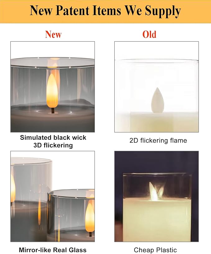 ANGELLOONG Grey Fake Candles Battery Operated, Flickering Flameless Candles with Timer and Remote, Glass LED Electric Pillar Candles Set of 3 for Home Coffee Table Bathroom Decor