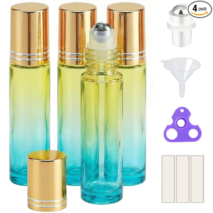 PrettyCare 4 Pack, 10 ml Essential Oil Roller Bottles with Stainless Steel Roller Ball - Refillable Leak-proof Empty Thick Blue& Yellow Glass Roll on Bottles with Golden Caps for Travel, Perfume