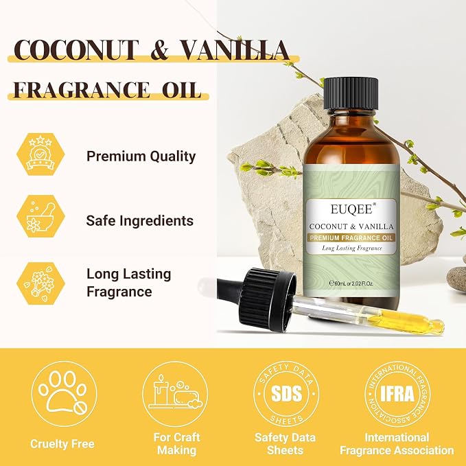 Coconut & Vanilla Fragrance Oils, Premium Essential Oils with Glass Dropper for Diffusers, Candle & Soap Making, Bath Bombs (2.02 Fl oz/60 ml)