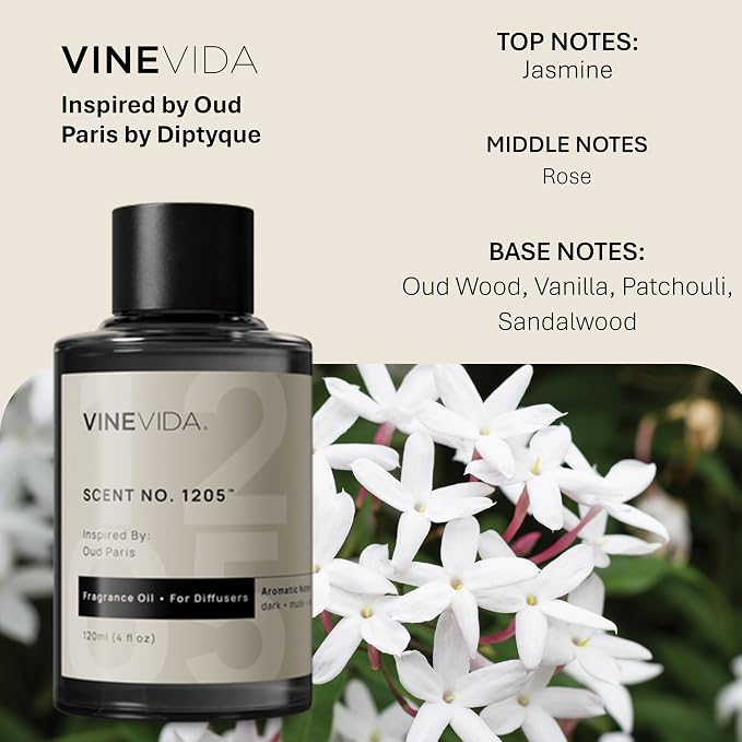 VINEVIDA [4 Fl Oz] Scent NO. 1205 Fragrance Oil for Cold Air Diffusers, Aromatic Notes of Dark Musk Oud Wood, Essential Oils for Diffuser Oil Refill & Air Freshener Room Spray
