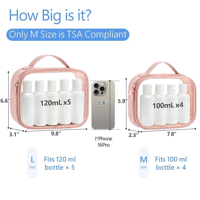 PACKISM Clear Makeup Bag Combo Pack, 1 TSA Approved Medium & Large for Checked Luggage, Clear Toiletry Bag with Handle, Water-resistant Travel Essentials Organizer, Rose Pink
