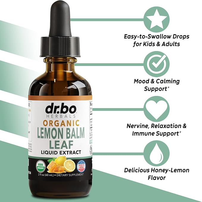 Organic Lemon Balm Extract Tincture - Organic Lemon Balm Leaf Liquid Extract Drops Oil Melissa Officinalis, Calm Relaxation Tea Supplements - Vegan Liquid Drops Tincture Supplement, Kids & Adults 2oz