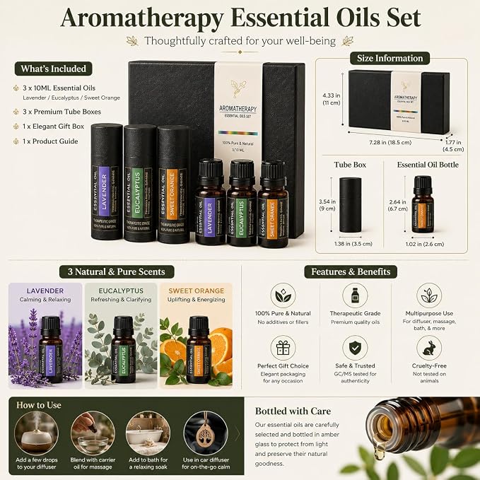 Essential Oils Gift Set - 3 x 10ml Lavender, Eucalyptus & Sweet Orange, 100% Pure Plant-Based Therapy for Car Aromatherapy，Diffusers, Humidifiers, Relaxation & Home Spa - The Serenity Trio