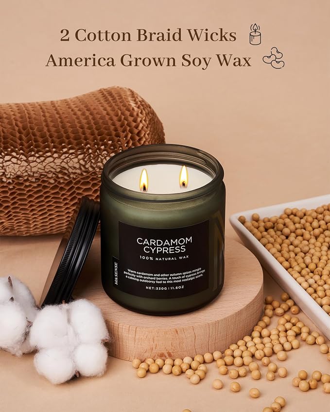 M&SENSE Cardamom Cypress Fir Large Scented Candles for Home 2 WIC 11.6oz 70 Hours Long Lasting Slow Burning Woody Scented for Birthday Holiday Gifts
