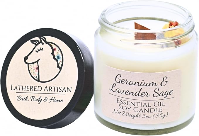 Geranium & Lavender Sage Essential Oil Candle 3 oz, Hand Crafted Pure Soy Wax Candle Wooden Wick, Dried Flowers, 23 Hour Burn Time, Natural Aromatherapy Glass Jar Candle with Lid by Lathered Artisan