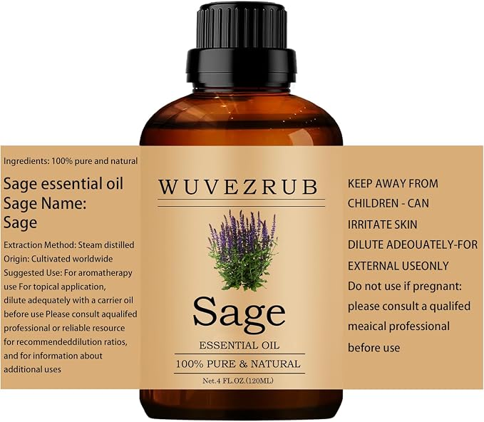 Sage Essential Oils 120ML, 100% Pure and Natural Essential Oil for Aromatherapy Diffuser - 4 Fl Oz/Sage