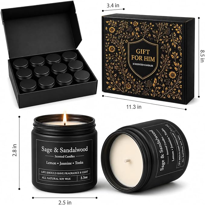 YMing 12 Pack Scented Candles for Men, Masculine Soy Candle Gift Set, 3.5 oz Each, Woody Leather Tobacco Coffee & Amber Scents, Gifts for Men Dad Husband Boyfriend