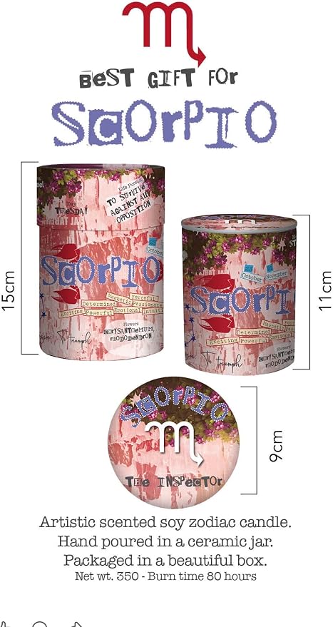Scorpio Soy Candle (Scented Soy Candle in Ceramic Jar 12.3 oz, Zodiac Themed, Clean Burning and Soothing Jasmine Scent to Promote Relaxation and Positivity, 80 Hour Burn time, Reusable jar)