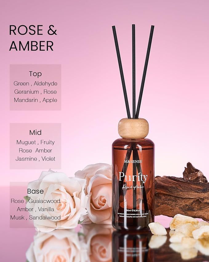 M&SENSE Reed Diffuser Set, Rose Amber Scented 6.3 fl oz Natural Essential Oil Diffusers with Sticks, Non-Toxic Organic Air Freshener, Long-Lasting Fragrance Oils for Bathroom Bedroom Gifts for Girls