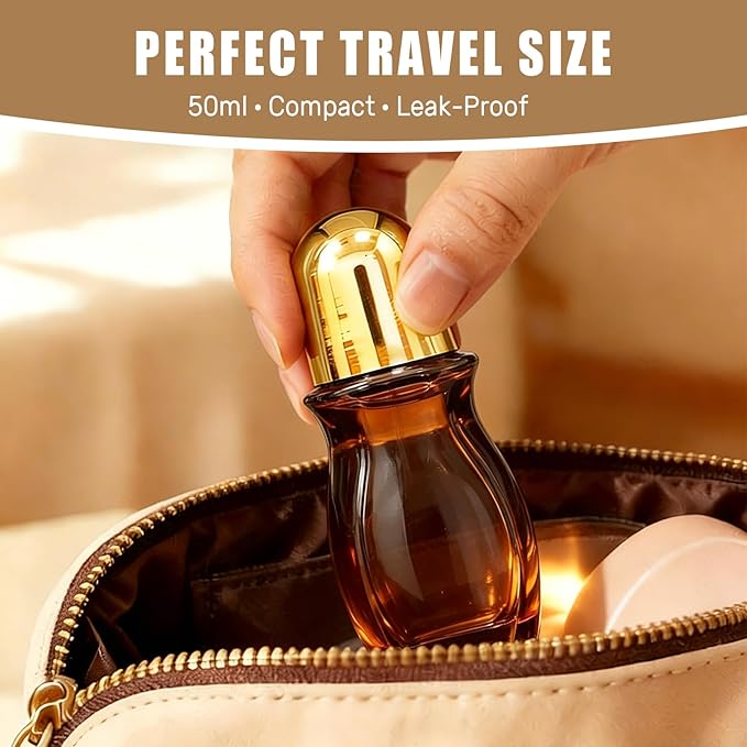 2 Pack Rose Quartz Roller Waisted & Straight Bottles for Oils, 50ml Refillable Amber Glass Roll On Bottles with Natural Crystal Roller Balls, Leak-Proof Travel Perfume Bottle with Gold Caps
