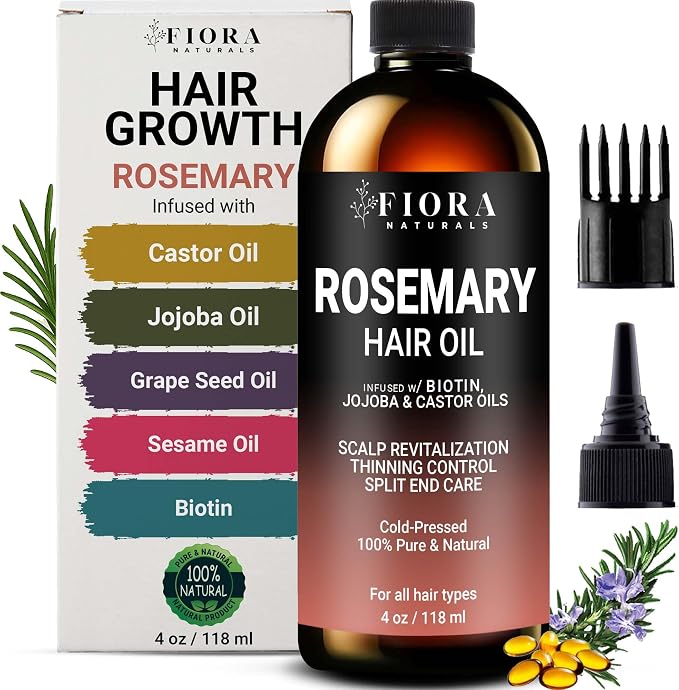 100% Pure Rosemary Oil for Hair Growth, Infused with Biotin, Jojoba & Castor Oils - Natural Hair Strengthening Serum, Scalp and Beard Oil, Aceite De Romero para El Cabello