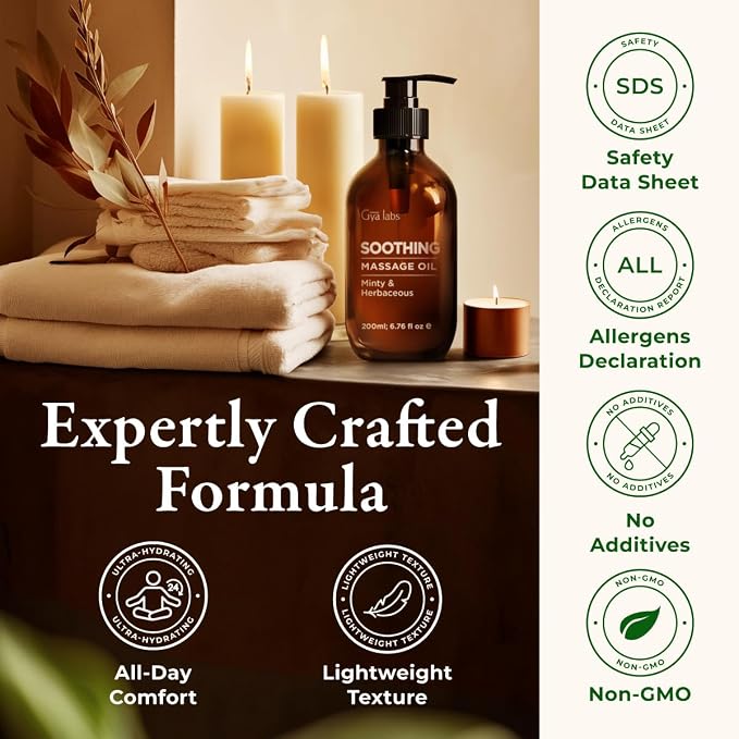 Gya Labs Soothing Massage Oil - 6.76 Fl Oz - Eases Tension and Comforts Tired Muscles for Relaxation, Soothing Massage Oil Hydrates Skin - Non-Greasy Formula, Non-GMO and Cruelty-Free