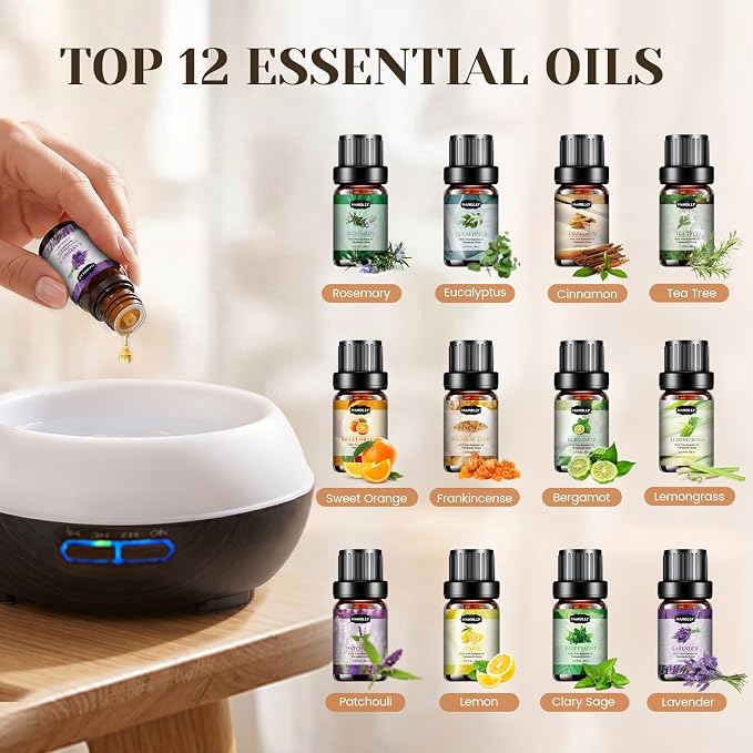 Hanolly Essential Oil Diffuser for Home, 500ML Aromatherapy Diffuser Humidifier with 12 Essential Oils, 7 Color LED Lights, Quiet Cool Mist Diffuser for Bedroom, Office