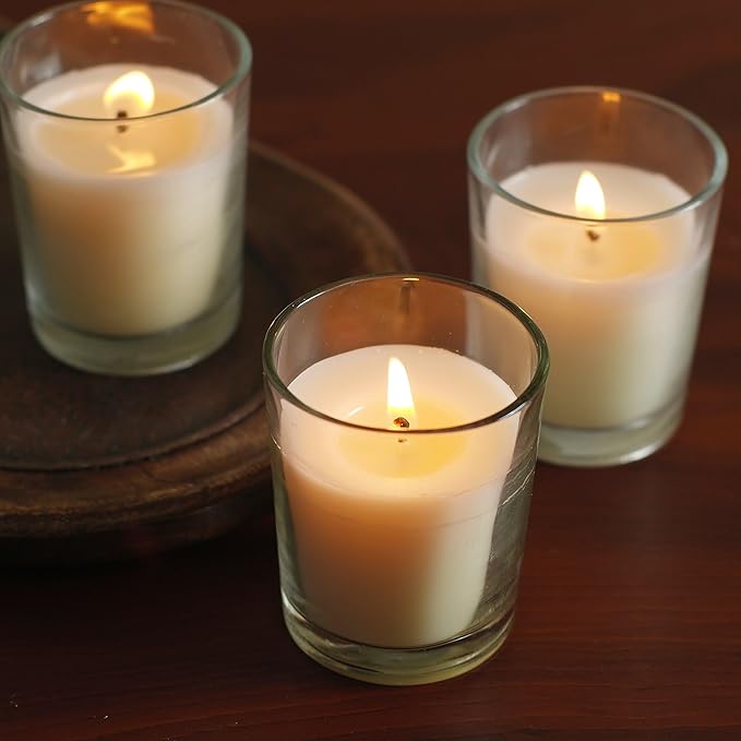 Hosley Set of 12 Ivory Unscented Votive Candles 12 Hour Burn Time Hand-Poured Wax in Clear Glass Holders Long-Lasting, Smokeless Candles for Weddings, Home Décor, Spa & Events.