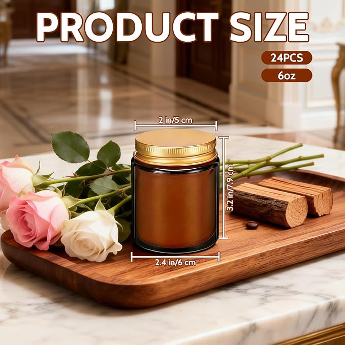 24 Pack 6 oz Rose Sandalwood Scented Soy Candles, Bulk Glass Jar Aromatherapy Candles, Long Lasting Soy Wax Candles for Home, Wedding, Party & Stress Relief