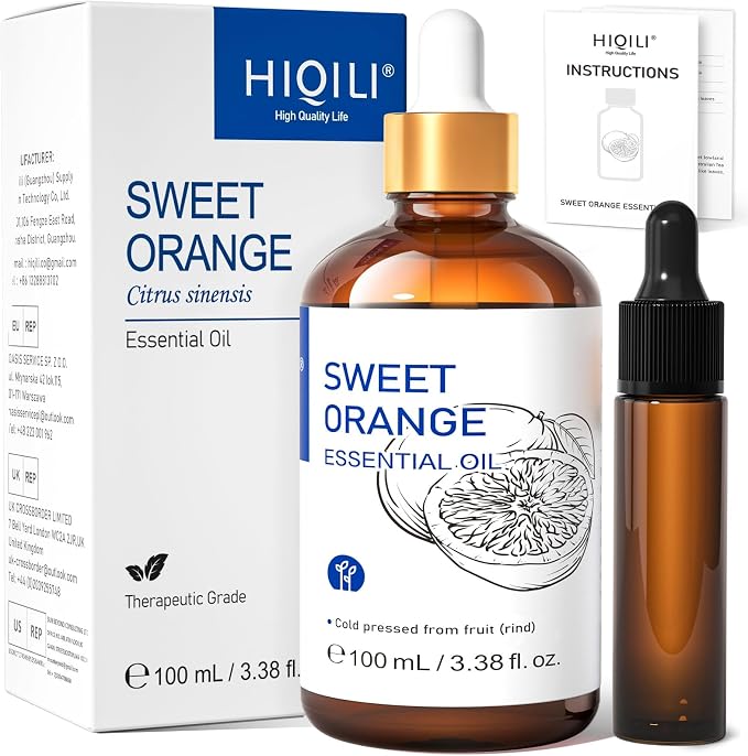 HIQILI 100ML Orange Essential Oil for Air Freshener, DIY Soap, Skin Care, Can be Added to Diffusers, Dryer Balls, Lotions for Use - 3.38 Fl Oz | Aromatherapy for Diffusers & Air Freshening, Skin Care, DIY for Cleaning Spray, Hand Soap, Candle & Soap