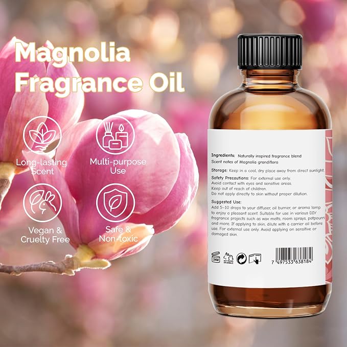GM Gumili Magnolia Fragrance Oil 2 Oz, Natural Scent Oil for Home Essential Oils Diffuser, Candle Making, Soap Making, DIY Body Oils, Perfume, Body Mist, Spray - Floral Scent