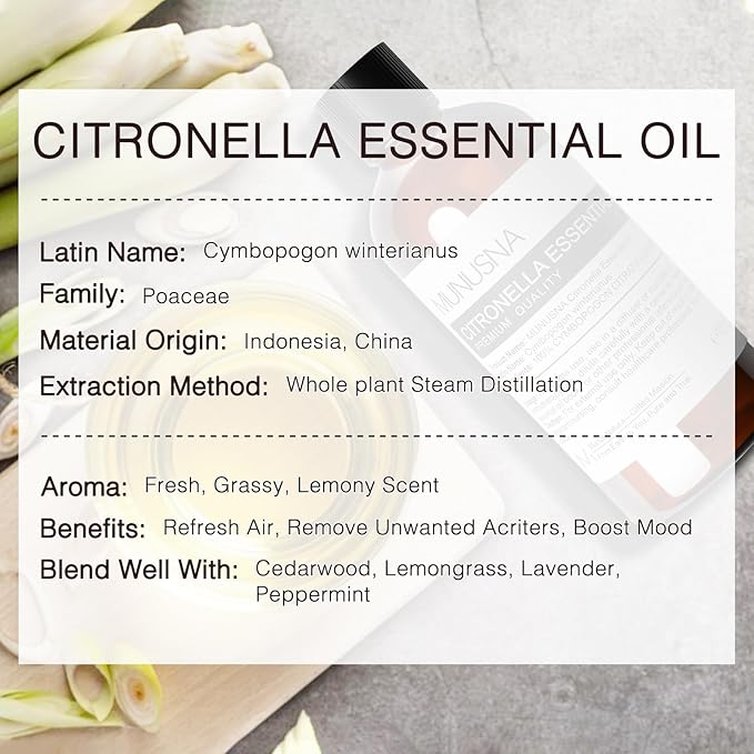 Citronella Essential Oil 100ML, 100% Pure and Natural Citronella Oil Premium Grade Aromatherapy Oil for Skin Care, Massage, Homemade Sprays, Diffuser, Air Freshening, Candle and Soap Making
