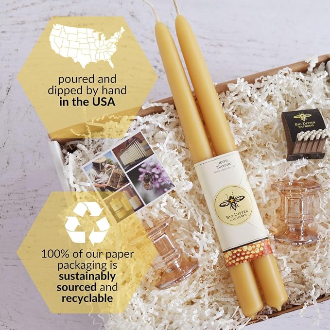 Big Dipper Wax Works Natural Honey Hand-Dipped Beeswax Taper Candles – 12” x 7/8”, 2-Pack, 100% Pure Beeswax, Long Burning, Clean, Cotton Wick, Handmade in USA, Home Décor & Wedding Candles