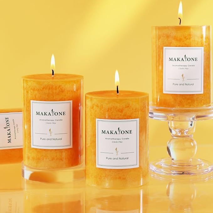 Orange Lemongrass Scented Pillar Candles 4 Pack, 60 Hours Long Lasting Burn Natural Essential Oils,2.8 x 4 in - Fresh Citrus Scent for Outdoor Patio & Home Refresh,Natural Repellent Vibes& Home Spa