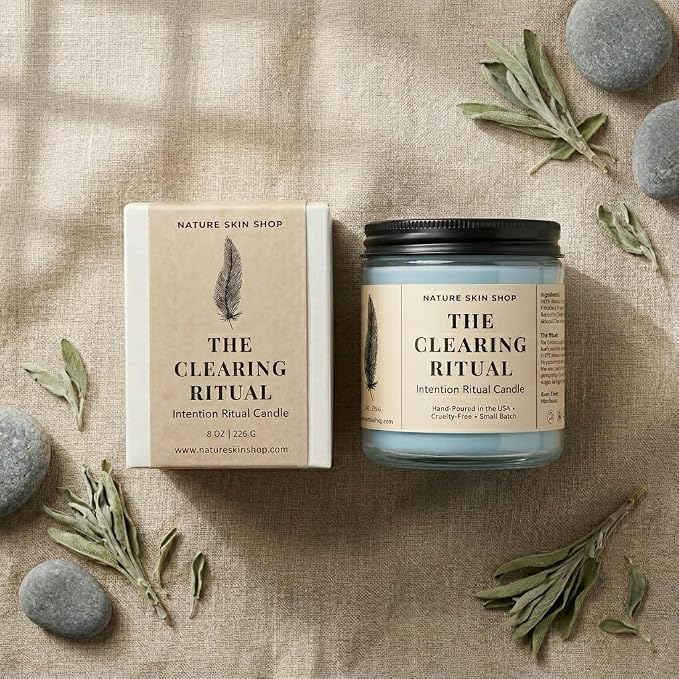 Nature Skin Shop The Clearing Ritual Intention Soy Candle White Sage and Palo Santo Aromatherapy Home Fragrance Vegan Cotton Wick 8 oz