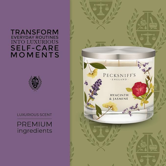 Pecksniff’s 3 Wick Candle – Jasmine & Hyacinth, 550 g / 19.4 oz – Long Lasting Burn, Elegant Home Decor & Relaxing Ambiance