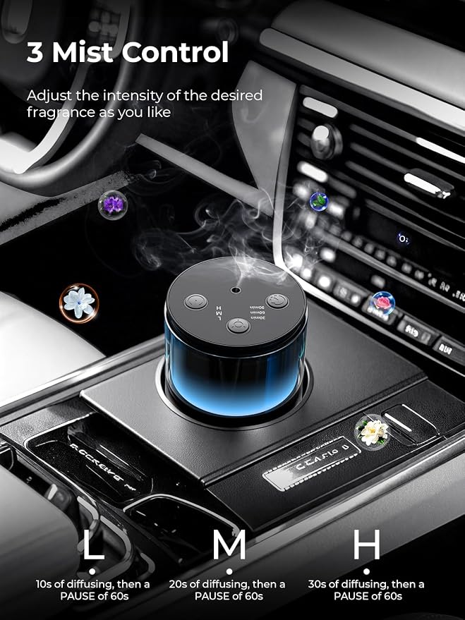 Waterless Essential Oil Diffuser: 𝟗 𝐂𝐨𝐥𝐨𝐫𝐬 𝐋𝐄𝐃 Scent Diffuser for Home&Car&Office - Portable Diffuser with 48H Battery, 4 Timers & 3 Mist Levels, Carbon Black