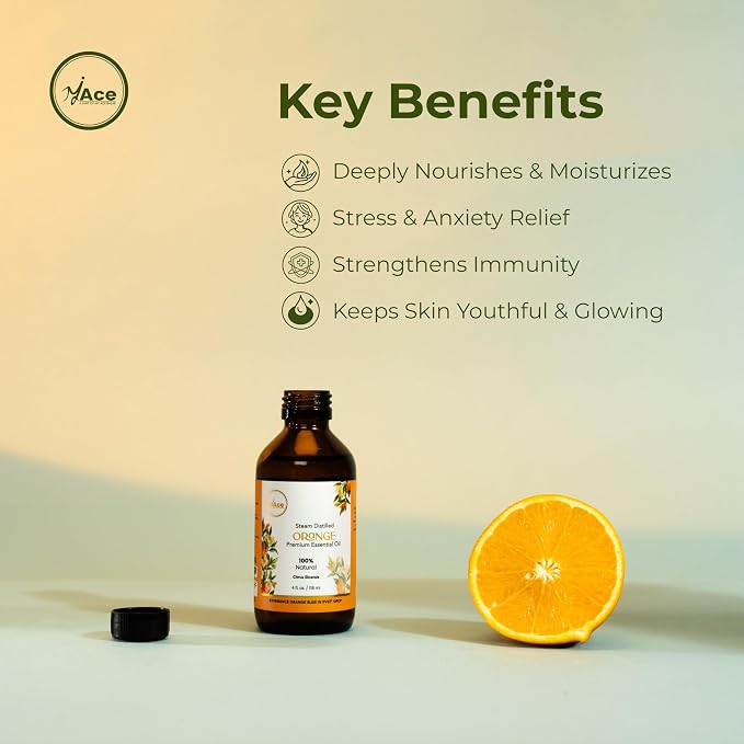 My ACE Orange Essential Oil 4 Fl Oz - 100% Pure & Natural - Premium Grade for Aromatherapy, Diffuser, Skin, Hair, Massage, Candle & Soap Making, Home - Glass Bottle with Dropper - Long Lasting Scent