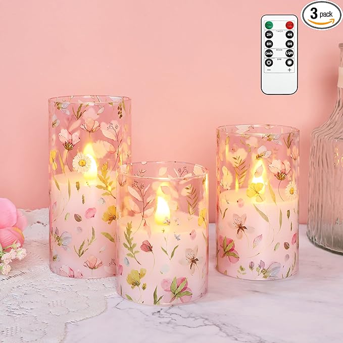 Pink Flameless Candles with Remote Timer, Glass Battery Operated Candles, Pink Flower Decals LED Candles for Home Party Wedding Mother's Day Thanksgiving Decor Set of 3