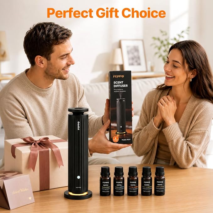 FEPPO Waterless Diffuser – Diffuser for Home, Hotel, Office | Essential Oil Diffuser Starter Kit with 5×20mL Hotel Scent Oils, 6 Scent Levels, 4 Timer Modes, Quiet Diffuser, 1000+ Sq Ft
