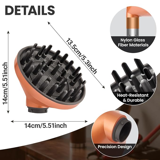 Upgraded Large Diffuser Attachment for Dyson Airwrap Styler HS01/HS05/HS08 - Converts to Hair Dryer, Fast Drying Wave & Curly & Thick, Heat Resistant Nylon Fiber Nozzle Attachments (Gold)