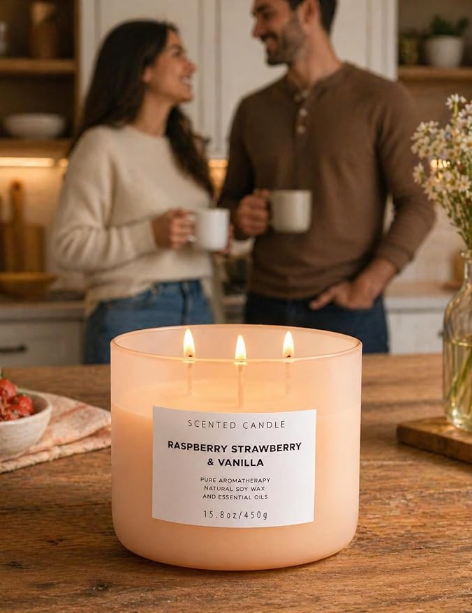 Raspberry Strawberry Vanilla 3-Wick Scented Soy Candle 15.8 oz | Large Sweet Berry Vanilla Scented Candle for Home | Relaxing Aromatherapy Candle | Strong Throw & Long Lasting