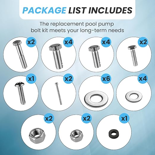 Pool Pump Bolt Kit for Pentair Whisperflo & Intelliflo - Complete Stainless Steel Hardware Set, Includes Motor Bolts,Foot and Insert Bolt, Nuts, Diffuser Screws, Seal Plate Bolts & Washers