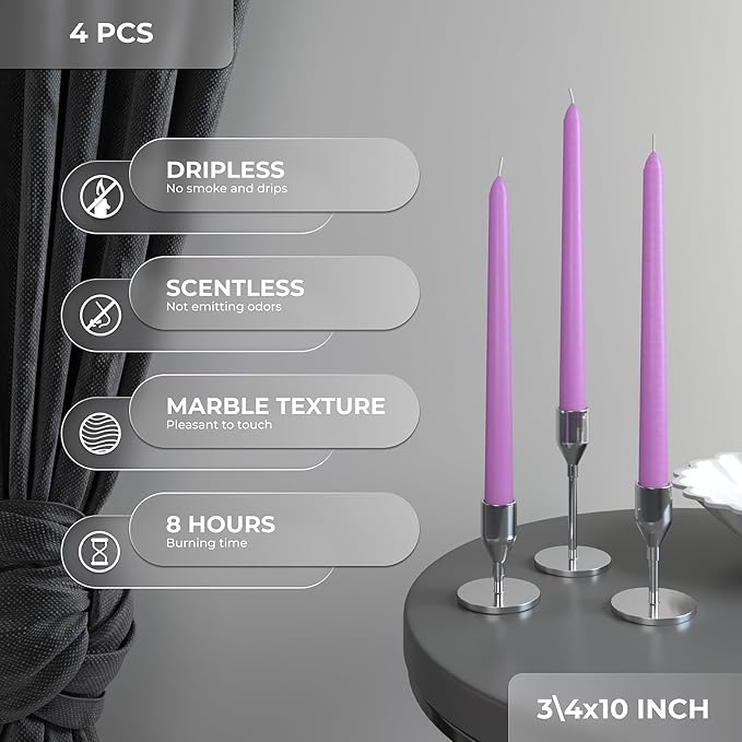 CANDWAX 10 inch Taper Lilac Candles Pack of 4 - Unscented Smokeless Dripless Tall Candlesticks - Perfect for Special Occasions, Ordinary Dinners, for Mother's Day - Lavender Candle Sticks