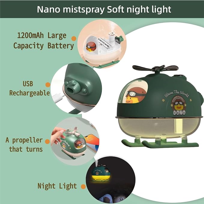 Cute Duck Pilot Desktop Mini Humidifier with LED Night Light, 300ml Essential Oil Diffuser with Rotatable Propeller, Portable Cool Mist Humidifier for Bedroom, Office, Car, Travel (Yellow)