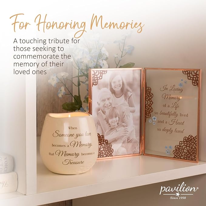 Pavilion - 8 Oz Candle Holder - Cream Beige Ceramic Candle Vessel with 100% Soy Wax, Tranquility Scent When Someone You Love Becomes A Memory Remembrance Gift - Printed Text, Love Theme, Round Shape