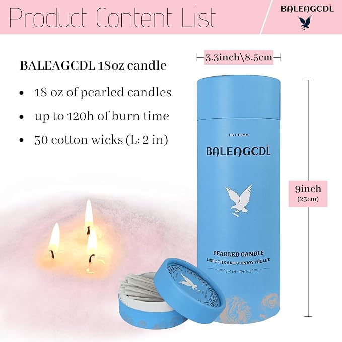 18 Oz Pearled Candle with 30 Cotton Wicks - Pink Coral Unscented Luxury Long Lasting Powder Candles up to 120 Hours - DIY Refillable Candle Sand for Candle Making Lover Gifts