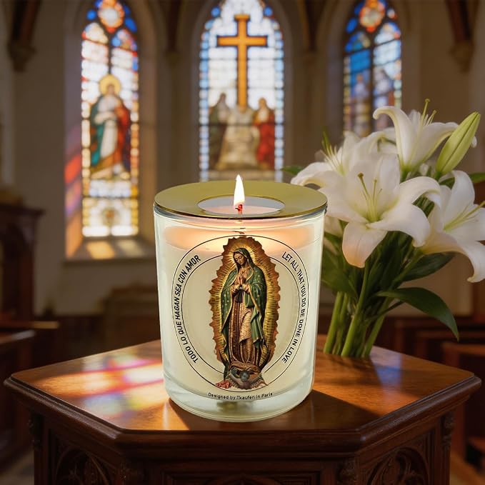 Lady Guadalupe Rose Scented Candle 50 Hours with Warmer Ring│Hand-Poured Natural Soy Wax│Universal Mother, Love, Patroness, Devotee, Blessing, Family Unity│Design in Paris│3“×3.6”