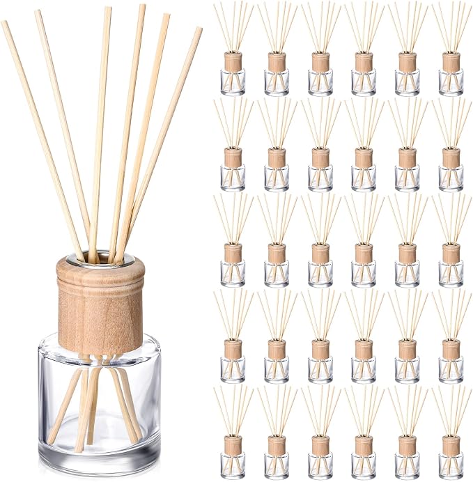 Roshtia 30 Set Reed Diffuser Bottle Empty Refillable Fragrance Glass Diffuser Bottles Set with Wooden Caps Sticks 50ml 1.7 oz Round Glass Jars for DIY Fragrance