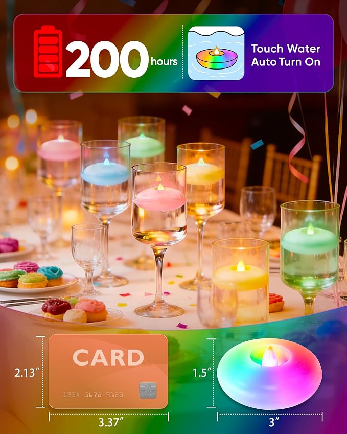 Homemory 12 Pack 3” Flameless Led Floating Candles, 200 Hour 7-Color Changing Battery Operate Waterproof Tealights for Cylinder Vases, Centerpieces at Wedding Decor, Party, Pool