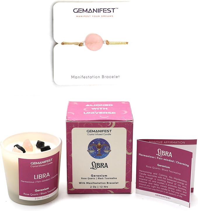 Libra Zodiac Candle with Bracelet Birthday Gifts for Libra Women Men Soy Geranium Scented Manifestation Crystal Candles Astrology Gifts Birthstone Candle