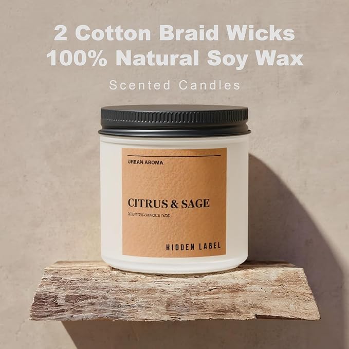Hidden Label Citrus Sage Soy Candle, 12oz 2-Wick, 70H Focus & Calm | Non-Toxic Natural Wax, Paraben & Phthalate-Free, Clean Burn | Elegant Decor & Gift-Ready | Productivity & Stress Relief