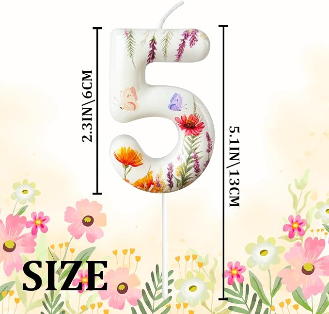Number 5 Birthday Candle for Cake – Floral Botanical Design with Butterfly Detail – Elegant Cake Topper for Birthday, Garden Party Decoration